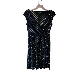 Ralph Lauren Black Polka Dot Dress Fit & Flare Vee Neck Sleeveless Knit Size 14